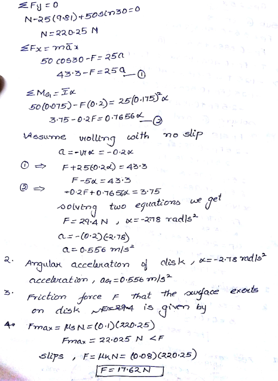 50 cos30-F50 43.3- FR5a 3.15-0.2F 0.7656乂 LA F-5x 43.3 olving two egửations weget R. Araula犬 accelaration acceleration ʼ a :0