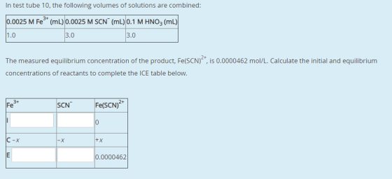 In test tube 10, the following volumes of solutions are combined: 3+ 0.0025 M Fe (mL) 0.0025 M SCN (mL) 0.1 M HNO3 (mL) 3.0 3