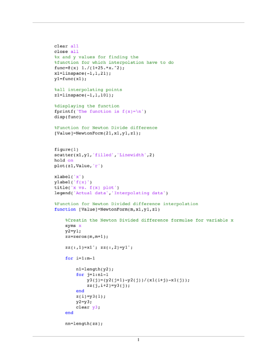 clear all close all %x and y values for finding the %function for which interpolation have to do func-e (x) 1./(1+25.x.*2); x