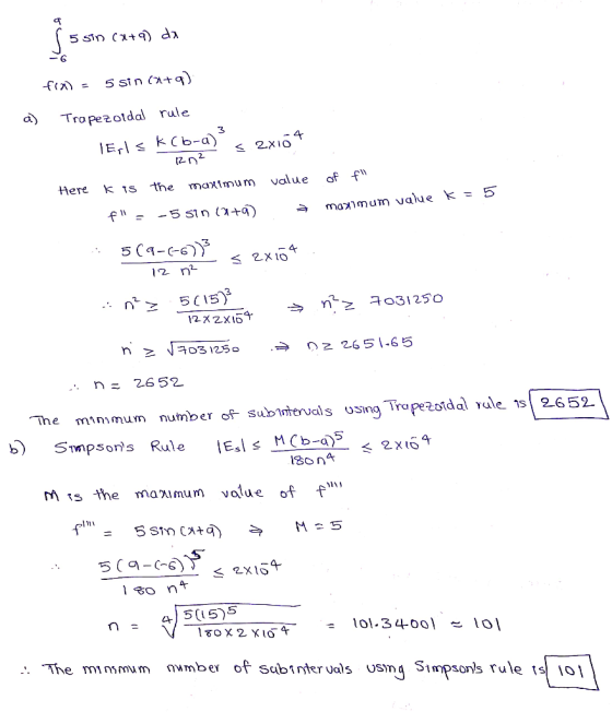 5 Sin Cxt) da -6 5 sin (1tq) Trapezoldal rule 4 E kCb-a)° of f value the maximum Here maximum value k -5 sin (1+9) 12 ni 515
