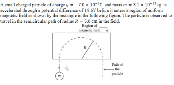 A small charged particle of charge q7.0 x 10-6C and mass m - 3.1 x 10-12kg is accelerated through a potential difference of 1