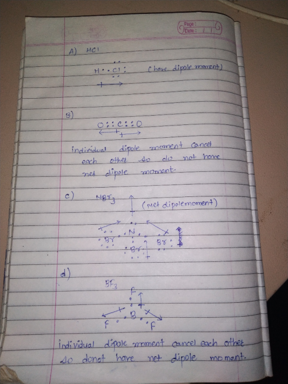 Page: Date A) HCI chare dipole H CI + > Cancel indisidual dipole moment not hore Ao clo thei each ipele morment mek N (Net di