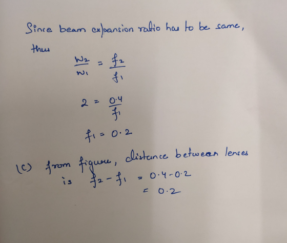 Since beam ex pansion Talio hau to be same, thu 2 O.4 O.2 L em fqune, clistance betwear lences = O.4-0.2 is O 2