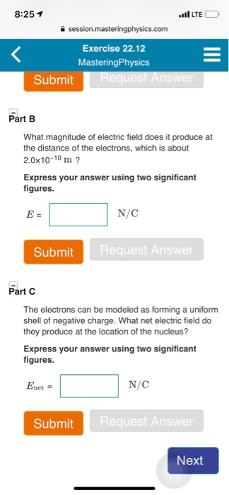 8:251 LTE session.masteringphysics.com Exercise 22.12 MasteringPhysics Submit Reques Part B What magnitude of electric field