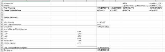73 Repayments 74 Interest 5 Total Flnancln 76 Change in Cash Balance SUM D73:F73) -sijM(D74:F74) -SUM(G72:G74 -G70+G75 -8100