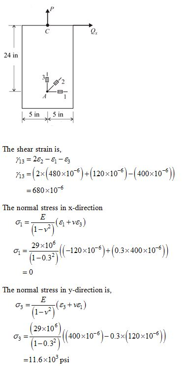 24 in in in The shear strain is, 障3 =( 2x (480x10-6)-(120x10-6)-(400×10-6 -680x10-6 The normal stress in x-direction 1)((-120