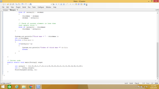 Main - JCreator File Edit View Project Build Run Tools Configure Window Help Sort,jav Main.javaX else if (arrayi ecmax) third