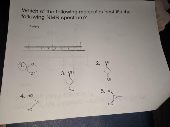 Which of the following molecules best fits the following NMR spectrum? 1. 2. он 3. он он он 5. H 4. H HO но