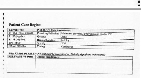 Patient Care Begins: Current VS: P-Q.R-S.T Pain Assessment T: 982 F/37.3 C(onl Provoking Pallavokes, always preient Goal is 5
