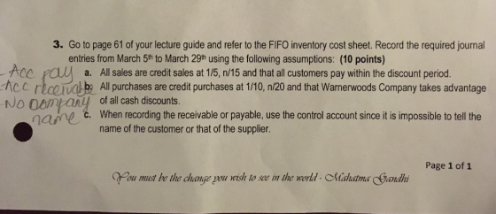 3. Go to page 61 of your lecture guide and refer to the FIFO inventory cost sheet. Record the required journal entries from M