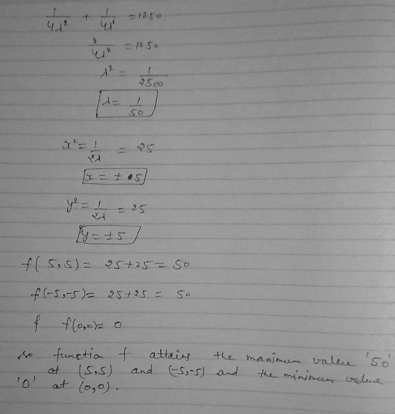 1250 /2 So 42 So ( ,I f(S,5)2 25 So f-5-5) 25+25 ニ So funetion t atairs tha manimum valee So the minimey (S,5) and ES,-s) at