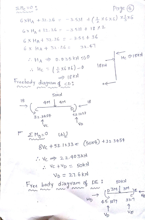Page ④ x HA 1322.63.53) 1 2 GX HA 32.26 3.53+ 36 X HA 322.6 32.4- .., Hc Freebody diassam co 50KN 18 3 2.3454 53.1233 8Vc +53