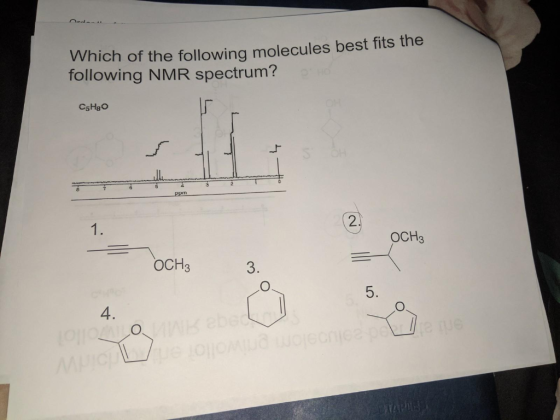 Which of the following molecules best fits the following NMR spectrum? 2 1. OCH3 OCH3 3. 5. 4.