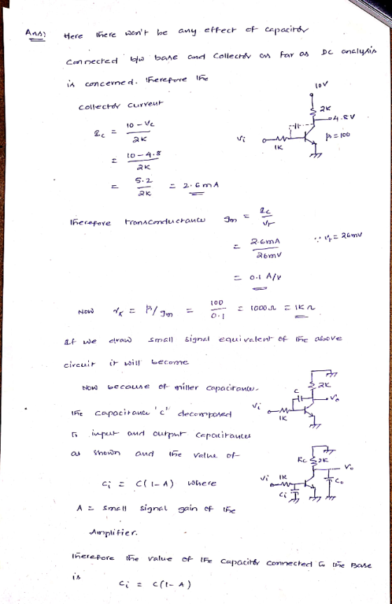 Ans IK 5-2 0-1 AİV to- R匕 IK aus Re 2に Vi Ik cǐこC (1-1) where A smetl signal gain ef tbe lherepore the value of Fe Capacitiv