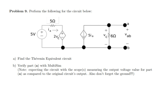 Problem 9. Perform the following for the circuit below: 5i 6 ab a) Find the Thévenin Equivalent circuit b) Verify part (a) wi