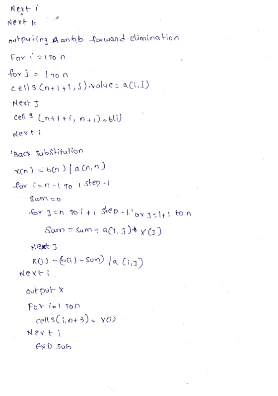 Next Next le outputing Aanbb forwand elimination Fnr To n cells Cn+,3).valuez aCi,j) Next J Nevt i Back Substitution Cn)bena