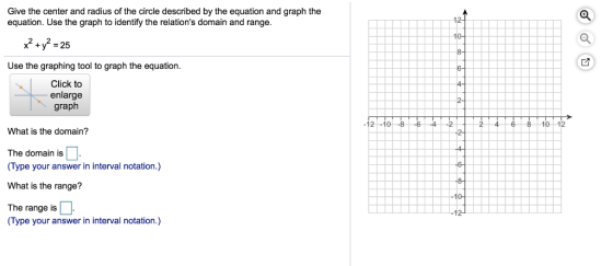 Give the center and radius of the circle described by the equation and graph the equation. Use the graph to identify the rela
