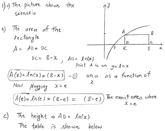 J The picfure shows the Scenario b) The area of the tecfana le AD DC Point A is on y.nx aaa function f A ()n(x) 8-x he exact