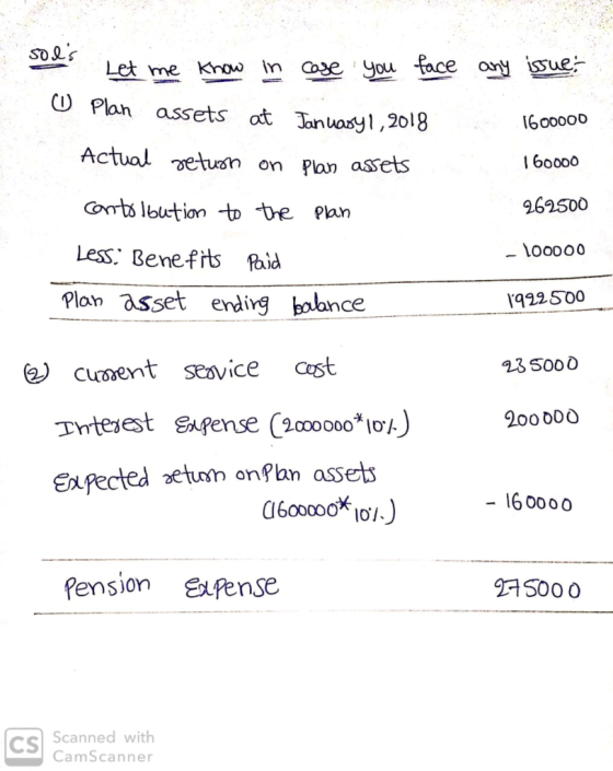 So Q O Plan assets at anuay1,2018 6o0oo0 Actuol etusn on Pan assets 962500 Less: Benefts Paid loooo0 Plon asset endirg bolanc