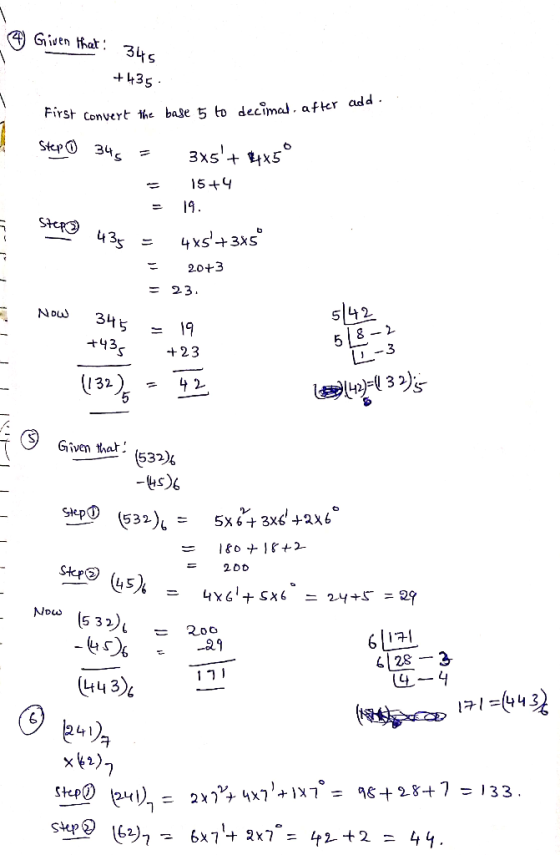 ⑨Giren that : 34s First cenvert he base 5 lo decîmal. aflter add Step@ 34 = 4 xs43xs。 20+3 ะ 23 Νοω 345-19 +23 s 42 +43 Given