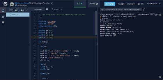 Gimtusharsharma/BewitchedUpsetFormulas C Nodescription shareは +new rep my repls languages talk intusharhar ▼ run main.cpp 日 っ