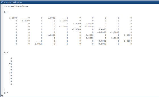 Command Window >>trusslinearSolve 1.0000 0 1.0000 0 1.0000 0 0 -1.0000 0 0 1.0000 0 0.6000 0 -0.8000 0 0 0 1.0000 0 -1.0000 0