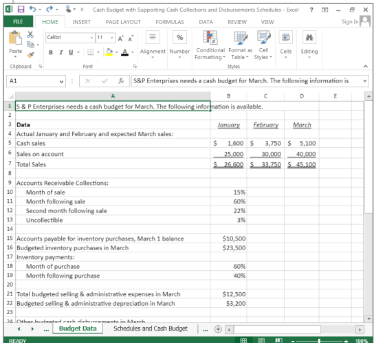 申日勺. c.- 4. ; cash Budget with Supporting Cash Collections and Disbursements Schedules-Excel ? -e FILE HOME INSERT PAGE LAYOU