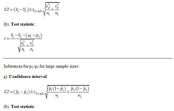 (b). Test statistic: (4-2) Inferences for pi-p2 for large sample sizes: a). Confidence interval: (b). Test statistic: