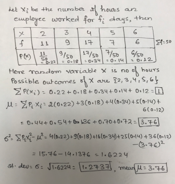 tet Xi be the numberhou2s arr euuployee worked for i days, then 6 メ12 S0 Here maadom vasiable x is no s hours Possible outcom
