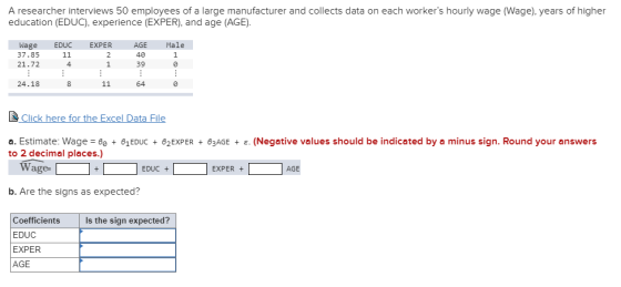 A researcher interviews 50 employees of a large manufacturer and collects data on each workers hourly wage (Wage), years of
