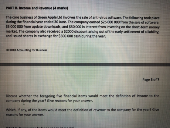 PART B. Income and Revenue (4 marks) The core business of Green Apple Ltd involves the sale of anti-virus software. The follo