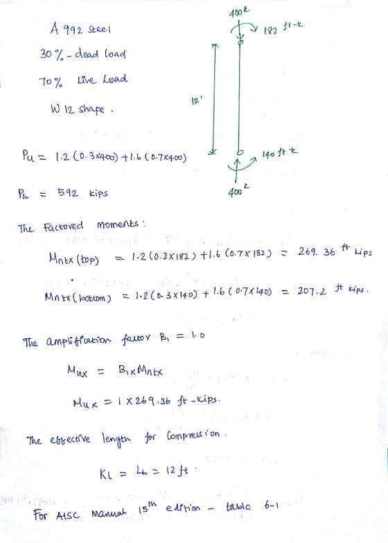 460k A 992 Steel ft-k 182 30 %- dead load Live Load To% W 12 shape Pu 12 (0. 3 x400) -t 1.6 ( 0.7x4-00) 592 kips 400 Moments