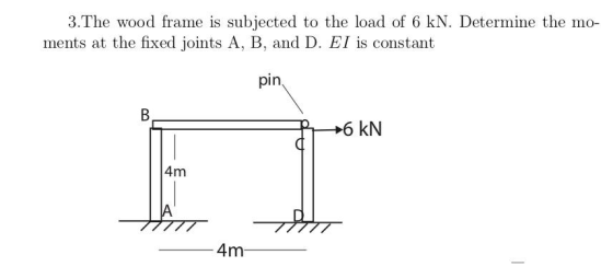 3.The wood frame is subjected to the load of 6 kN. Determine the mo ments at the fixed joints A, B, and D. EI is constant pin
