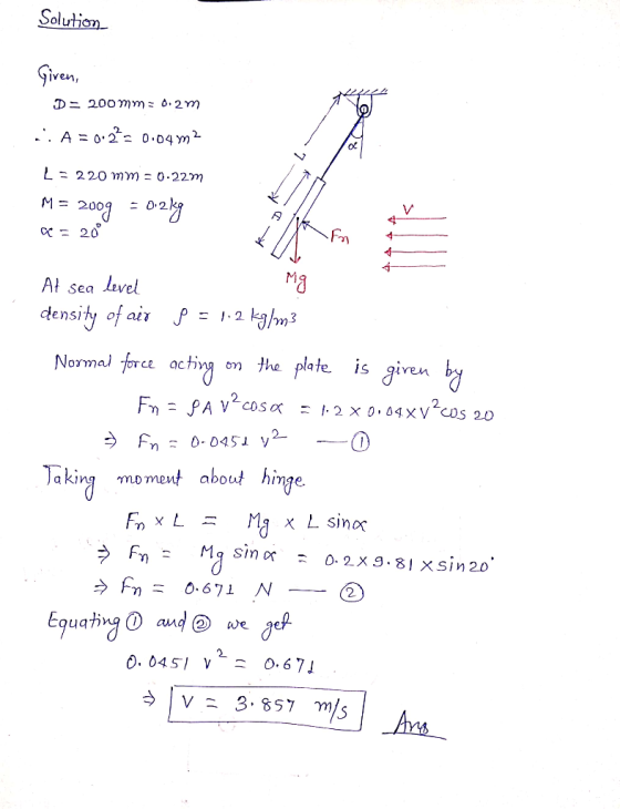 Solution Given DE 200Ymm o. 2 Y = 220mm = 0.22m M = 20명 =02y Cc 20 level At sea density of air I2 Nomal force activg giren by