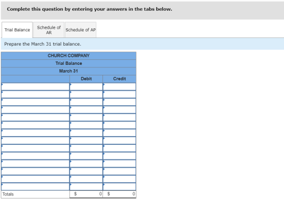 Complete this question by entering your answers in the tabs below. schedule of A Trial Balance Schedule of AR Prepare the Mar