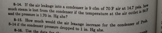 ro n 8-14. If the air leakage into a condenser is 9 cfm of 70 F air at 8-15. How much would the air leaxage increase for the
