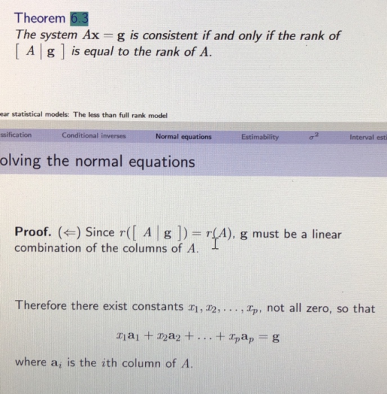 I heorem The system Ax g is consistent if and only if the rank of A g is equal to the rank of A ear statistical models: The l
