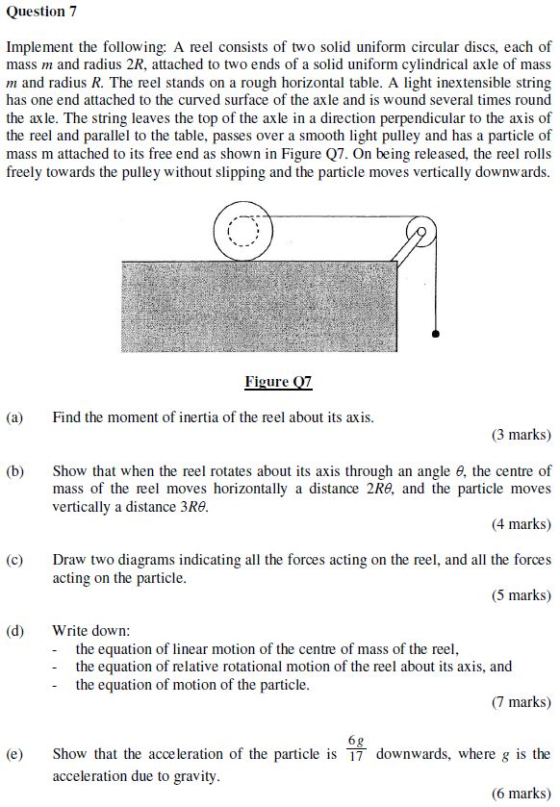 Question 7 Implement the following: A reel consists of two solid uniform circular discs, each of mass m and radius 2R, attach
