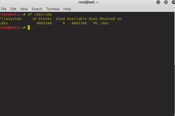 root@kali: File Edit View Search Terminal root@kali.~# df /dev/sda ilesystem dev root@kali:~# Help 1K-blocks Used Available U