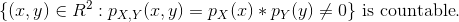 \{ (x,y) \in R^2 : p_{X,Y}(x,y) = p_X(x)*p_Y(y) \ne 0 \} \text{ is countable}.