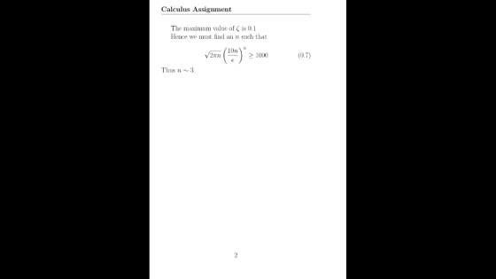 Calculus Assignment The maximum value of is 0.1 Hence we must find an n such that 10n 2 1000 (0.7) Thus n3