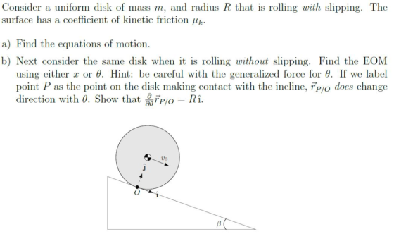 Consider a uniform disk of mass m, and radius R that is rolling with slipping. The surface has a coefficient of kinetic frict