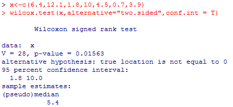 x<-с (6 . 4, 12 . 1 , 1 . 8, 10,4.5,0.7,3.9) wilcox. tes native=two. sided, conf. int > t (x,alter T) > = Wilcoxon signed r