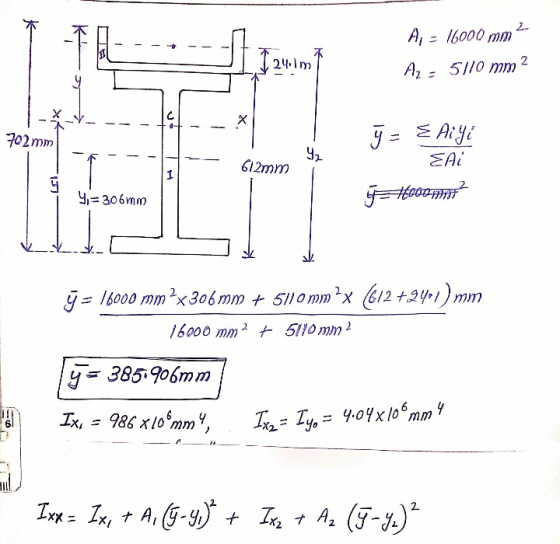 A,二 16000 mm2. A2= 5\10 mm 2 24m 702 mm 一一 612mm EA y306mnm 16000 mm2 t 5l10mm2 y385.906mm