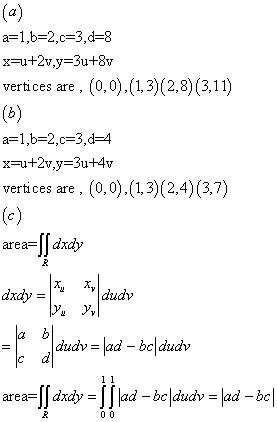 ct a= 1 ,b=2,c=3, d-8 vertices are , [0,0),11,3)(2,8)(3,11 vertices are , (0,0).(13)(2,4) (3,7) area-lla dxdy = Vy