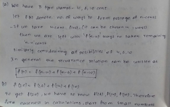 a) We haveろt9p e stamps-u,6, 10 cent tet fN) denote, no. ot ways to form pos roge of ncents n-cents denote no o form posta ge