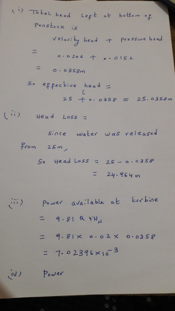 To taL head bottom op Lept at Penstock head Pressure h cad + oo 206 O.0358m effective haad - SO 25. 035&m 2 S +0. 035 & Head