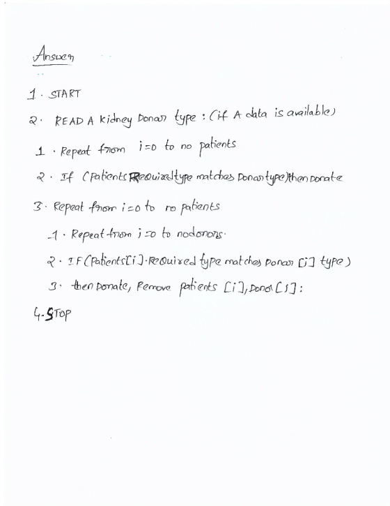 Ansuen 1. START type :Cif A data is available) READ A kidney Donan Pakients no 1 Repeat fnom i=o to f CPabients Reuitype matc