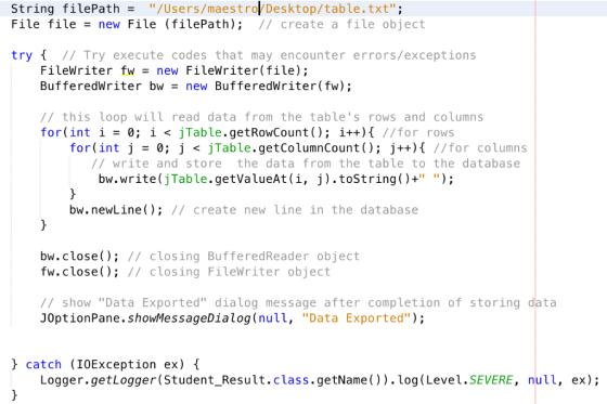 String filePath/Users/maestro Desktop/table.txt; File file new File (filePath) // create a file object try t I/ Try execute