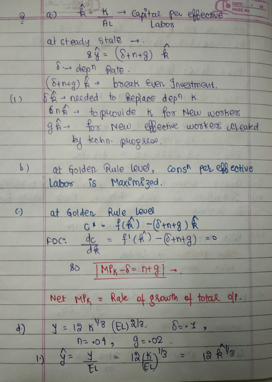 DATE: 20 PAGE No eciv Labos at steady Stale (i) → noeded to Replace depl_K b) at Golden Rule loue,-Conch febe ective )atolden
